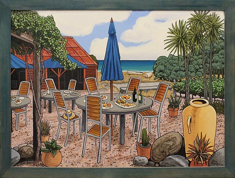 John Staniford nz landscape artist, the blue umbrella, oil on canvas